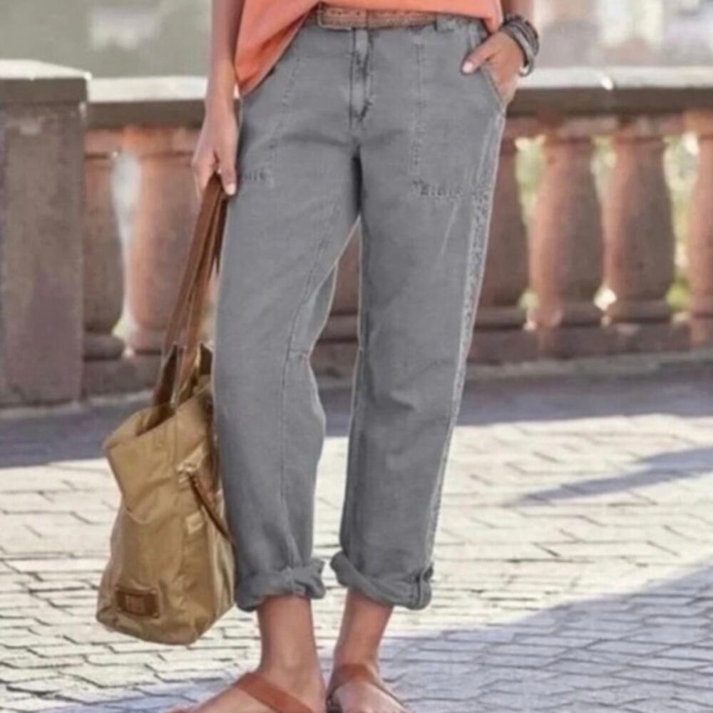 Sundance Organia Lace Roll Up Pant Linen Cropped Pants Embroidered Trim Gray 10